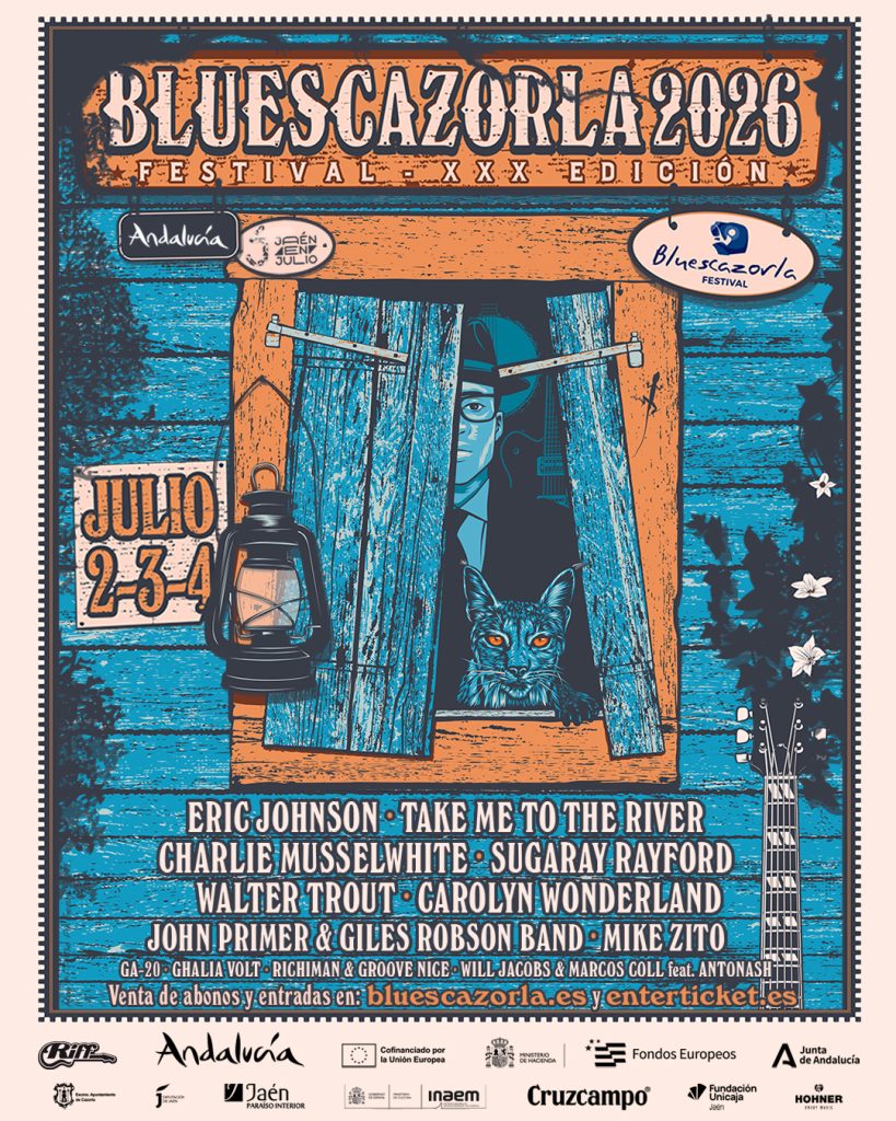 Cartel del festival BlueCazorla 2026 con artistas confirmados incluyendo Eric Johnson, Take Me To The River y Sugaray Rayford