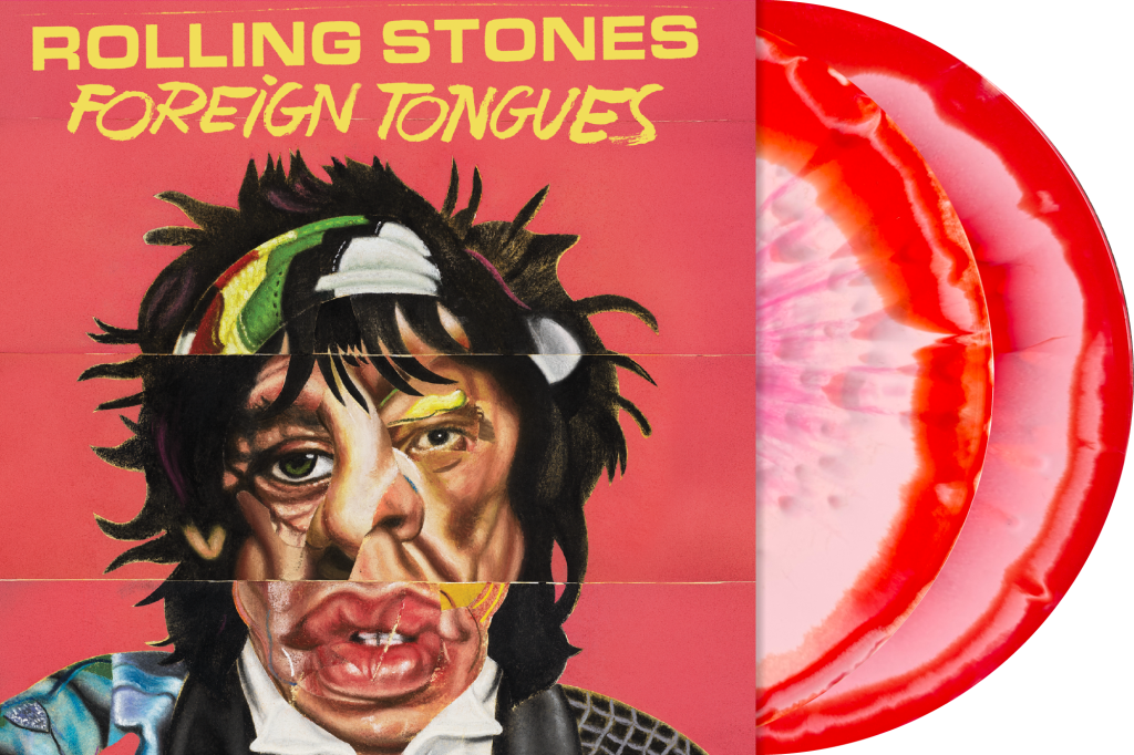 Portada del álbum 'Foreign Tongues' de The Rolling Stones, con un diseño artístico de los rostros de Mick Jagger, Keith Richards y Ronnie Wood.